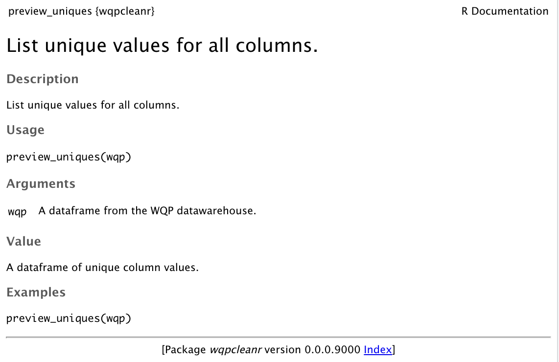 Image of preview_uniques() function in wqpcleanr package