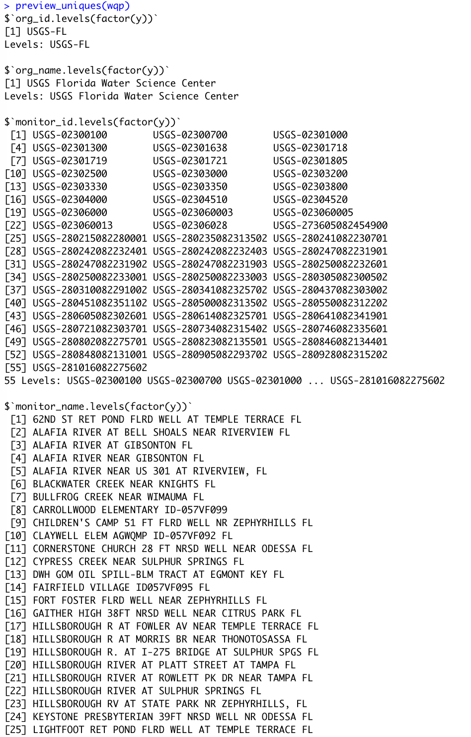 Image of preview_uniques() function in wqpcleanr package